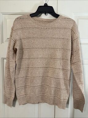 Light Beige Open-Knit Crewneck Sweater